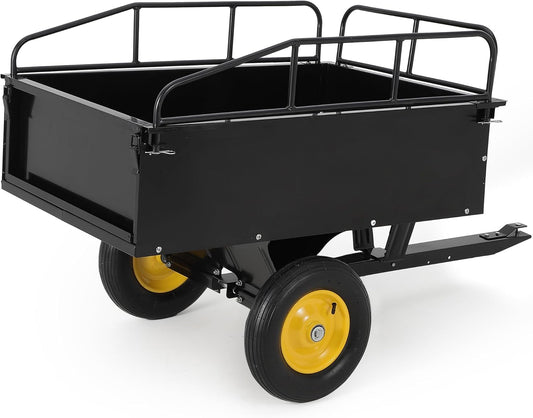 Heavy Duty ATV Dump Cart - Steel Tow Behind Trailer, 750 lbs, 15 Cubic Feet Garden Utility with Removable Sides