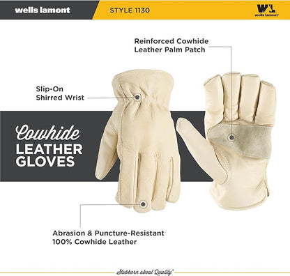 Wells Lamont Leather Work Gloves for Men – Grain Cowhide, Reinforced Palm – Ideal for Construction, Farming, Ranching – Ergonomic Fit, Keystone Thumb, Elasticized Wrist – Beige, Large (1130L)