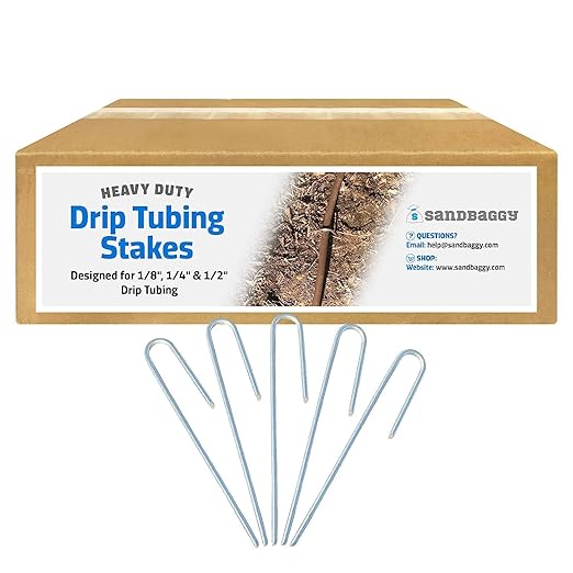 Sandbaggy DRIP TUBING Stakes Landscape Staples | 5 inch Length | Drip Anchors | Landscape Pins | Lawn Nails | Garden Stakes | Hold Drip Tubing Up to 1/4" Diameter | 14-Gauge Standard | Pack of 100