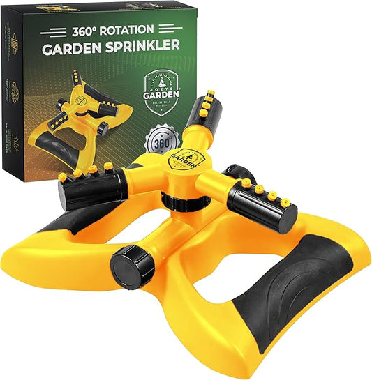 Joeys Sprinkler for Yard, Rotating Garden Sprinkler for Large Area Coverage, Lawn and Yard Sprinklers (Yellow)
