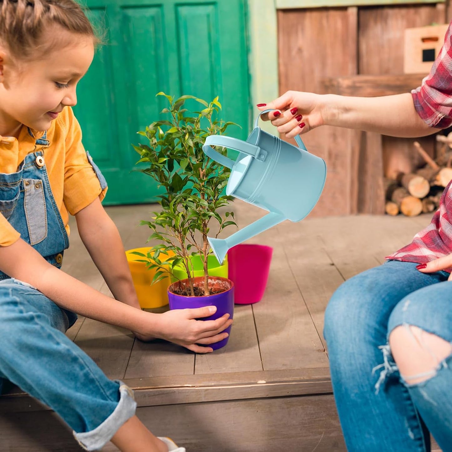 Small Metal Watering Can Set, Pink, 1.2L and 0.23L Garden Cans with Long Spout, Indoor Outdoor Plant Care (Green Blue)