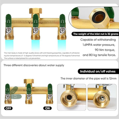 Garden Hose Splitter, 3/4” Rust and Freeze Resistant Outdoor Hose Manifold with 3 green Extra Long Handles Faucet Adapter-Heavy Duty Brass 3-Way Valve