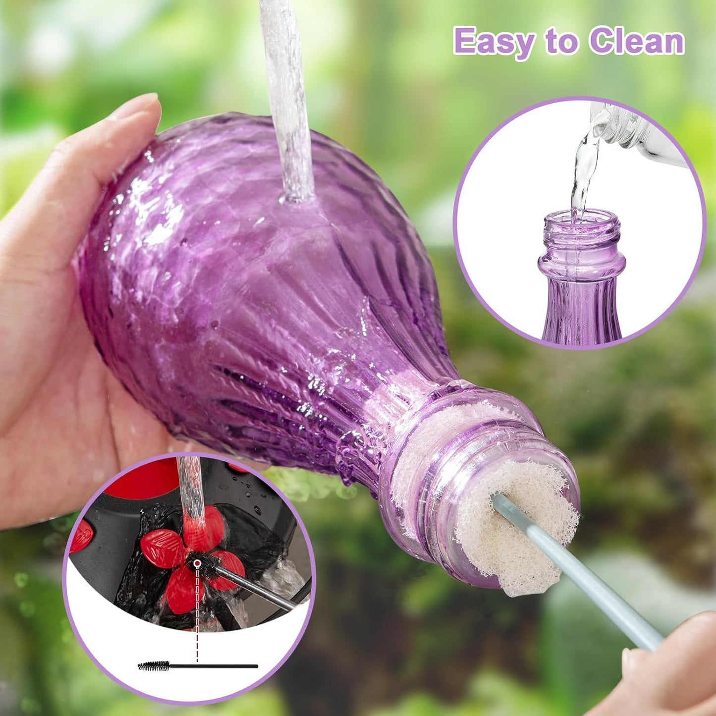 Hand Blown Glass Hummingbird Feeder for Outdoors Hanging with Ant Moat, Never Fade, 20 Ounces, Leak-Proof‌, Garden Backyard Decor for Bird Watching, for Mom Dad, Purple