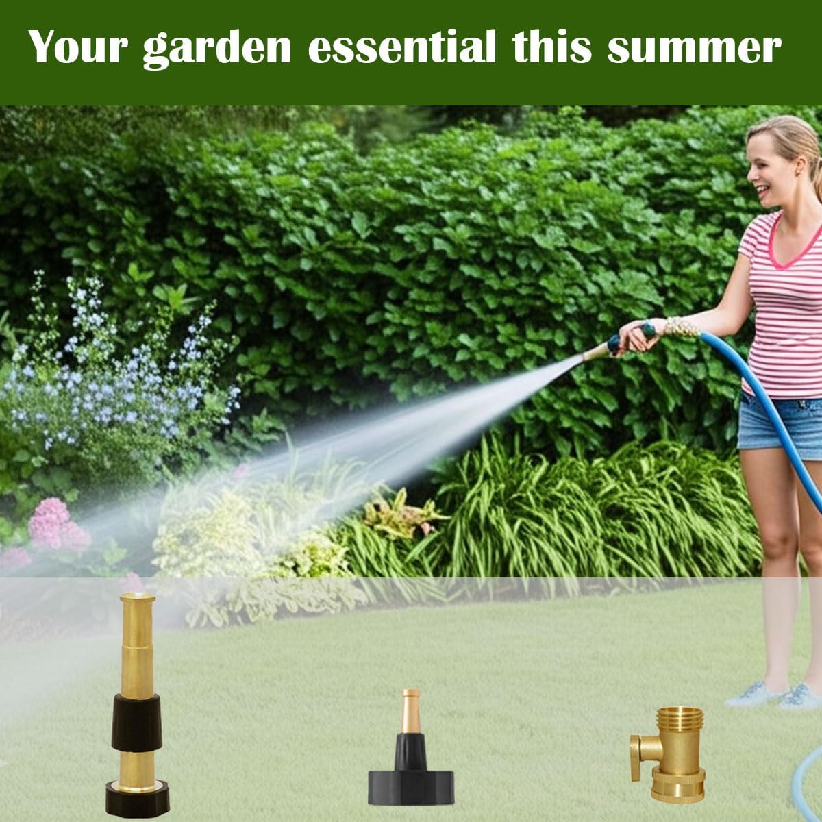Garden Hose Nozzle Bundle with Shut-Off Valve Set High-Pressure Heavy Duty Brass Adjustable Spray 3/4" GHT for Patio Garden Hose Sprayer (3PackSet)