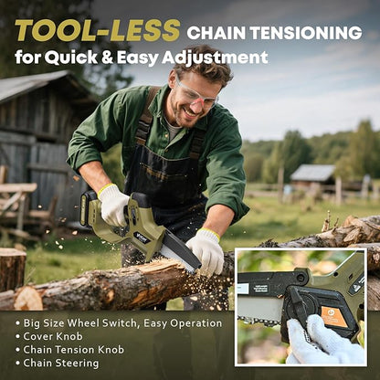 Mini Chainsaw Cordless 5 inch 36Ft/s Brushless Electric Chainsaw Pruning Saw with 21V 5Ah Battery 2PCS PD Fast Charging Batteries & 2 Chains for Tree Branch Wood Cutting Gardening for Men Dad Husband