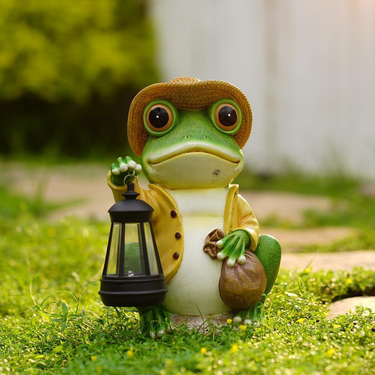 Solar Garden Outdoor Frog Statue 10 inches Tall - with Handheld Lanterns - Detachable - Patio, Balcony, Shelf, Tabletop, Lawn Decoration - Unique Housewarming, Birthday, Thanksgiving, Mom Gifts