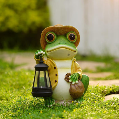 Solar Garden Outdoor Frog Statue 10 inches Tall - with Handheld Lanterns - Detachable - Patio, Balcony, Shelf, Tabletop, Lawn Decoration - Unique Housewarming, Birthday, Thanksgiving, Mom Gifts