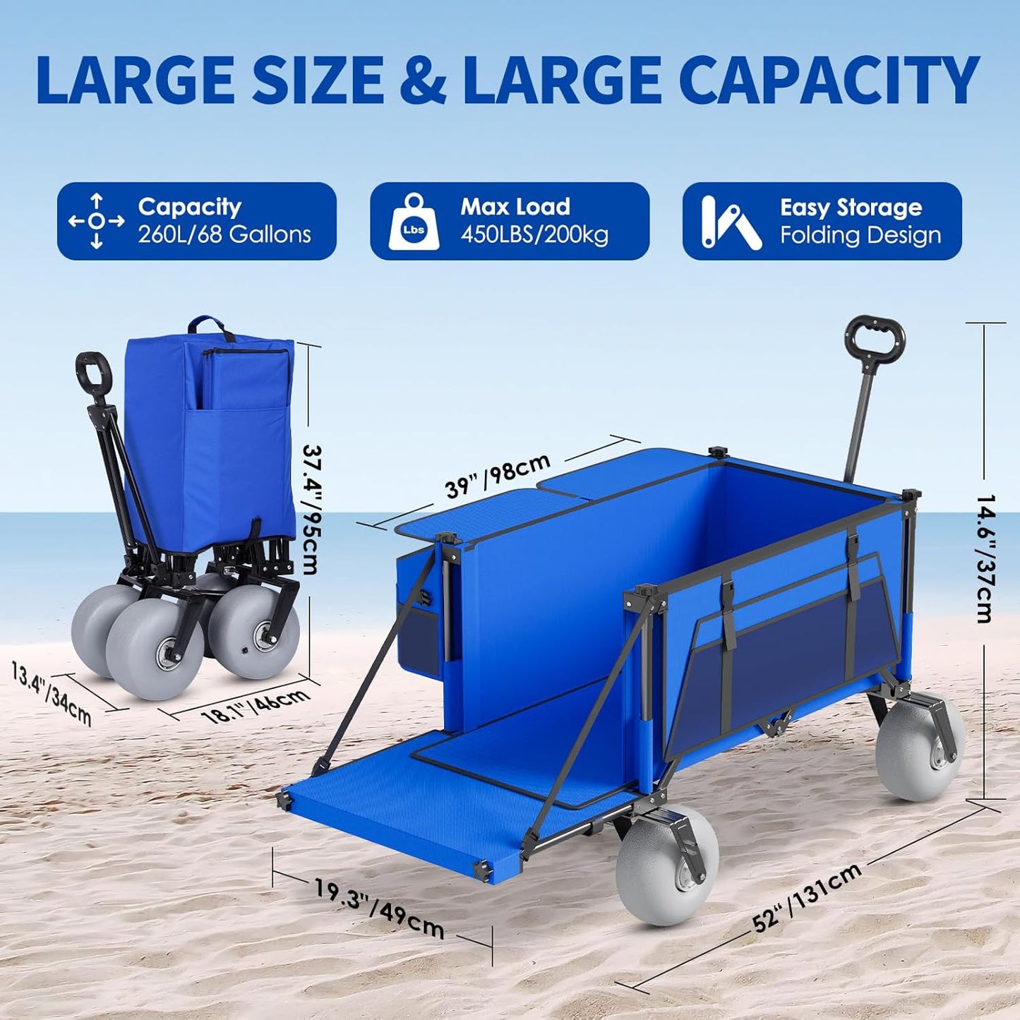Beach Wagon with Big Wheels for Sand - 450lbs Load Heavy Duty Wagons Carts Foldable with 9" All Terrain Inflatable Tires, Collapsible Beach Cart for Grocery Shopping Garden Sports Camping Outdoor