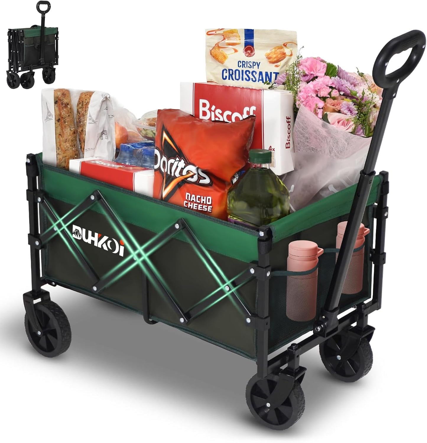 Collapsible Wagon Cart with Wheels Foldable,11 Lbs Lightweight Portable Folding Utility Wagon,90 L Heavy Duty Grocery Shopping Carts,Versatile for Garden Sports Camping Outdoor Use (Army Green)