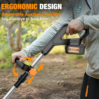 Upgraded Cordless Tiller for Gardening with 8.0Ah (2×4.0Ah Batteries), 48 Steel Tines Battery Rototiller, 9" Width 6.6" Depth Garden Tiller Cultivator for Soil, Tending & Composting (Orange)