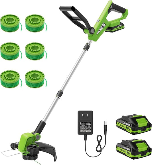VARSK 20V String Trimmer Cordless, 12 Inch 2 in 1 Trimmer and Edger, Automatic Line Feed, Includes 2 X 2.0Ah Batteries/1 X Fast Charger/6 X Spare Spools, for Lawn, Garden, etc, Light Green
