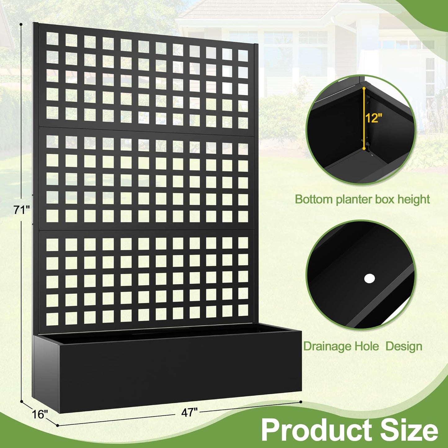 Metal Raised Garden Bed, Trellis Planters Bed with Drainage Holes for Climbing Plants, Vegetables Outdoor Privacy Screen with Planter Box 73"x47"x16", Black