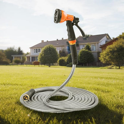 VEVOR Garden Hose Metal 100FT – Heavy Duty Stainless Steel Water Hose, Flexible, No Kink & Tangle, Puncture Resistant & Rust Proof, Lightweight w/ 10-Function Spray Nozzle for Yard, Outdoor, Gardening