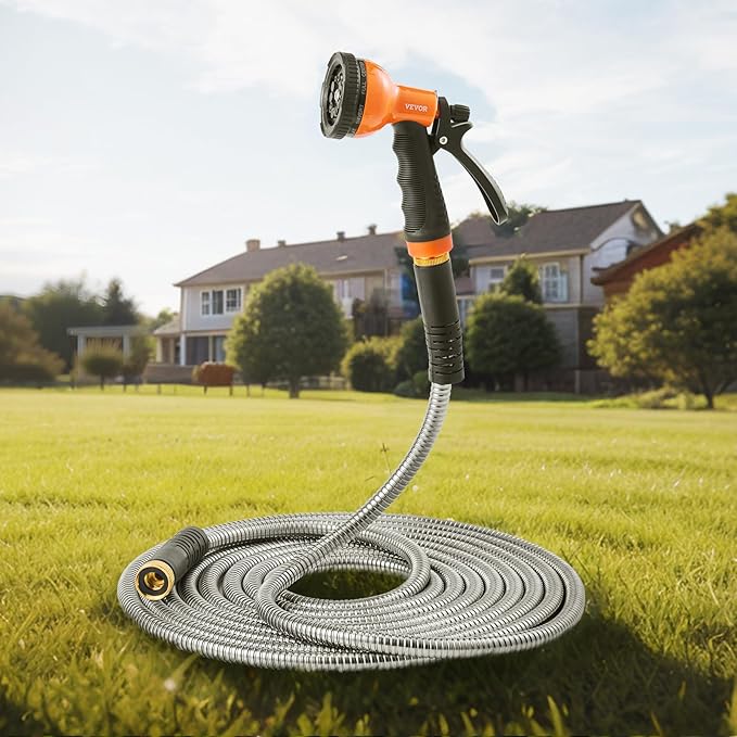 VEVOR Metal Garden Hose 25 ft, Rust Proof Stainless Steel Water Hose, Heavy Duty Backyard Hose with 10 Function Nozzle, No-Kink & Flexible Water Pipe, Lightweight Metal Hose for Yard, Outdoor