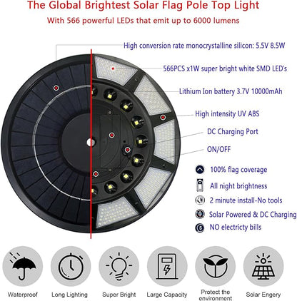 Flag Pole Light Solar Powered 566 Ultra Bright 6000K White LED Lights with DC Charge Port Full Coverage for 5’x8’ Flags 20 Hrs of Illumination Outdoor Dusk to Dawn Fits 15-40 ft Flagpoles