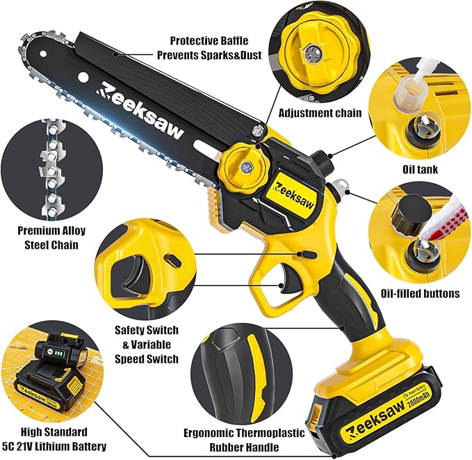 Mini Chain saw Cordless 8 inch Auto Oiler, Automatic Chain Tension, 21V MAX* Rechargeable Cordless Chainsaw with 2x2.0Ah Battery and Charger, Mini Chainsaw 8 inch Cordless Hand-Held Electric Chain Saw