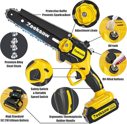 Mini Chain saw Cordless 8 inch Auto Oiler, Automatic Chain Tension, 21V MAX* Rechargeable Cordless Chainsaw with 2x2.0Ah Battery and Charger, Mini Chainsaw 8 inch Cordless Hand-Held Electric Chain Saw
