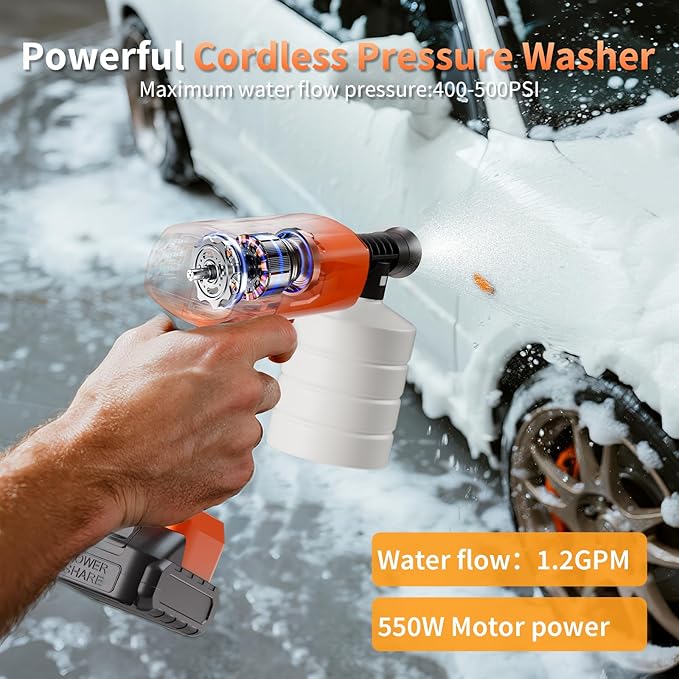 Cordless Pressure Washer, Portable Battery Power Washer Electric Car Pressure Washer Handheld with 6-in-1 Nozzle 3000mah Battery, Small Power Car Cleaner for Floor Garden Fence Depot