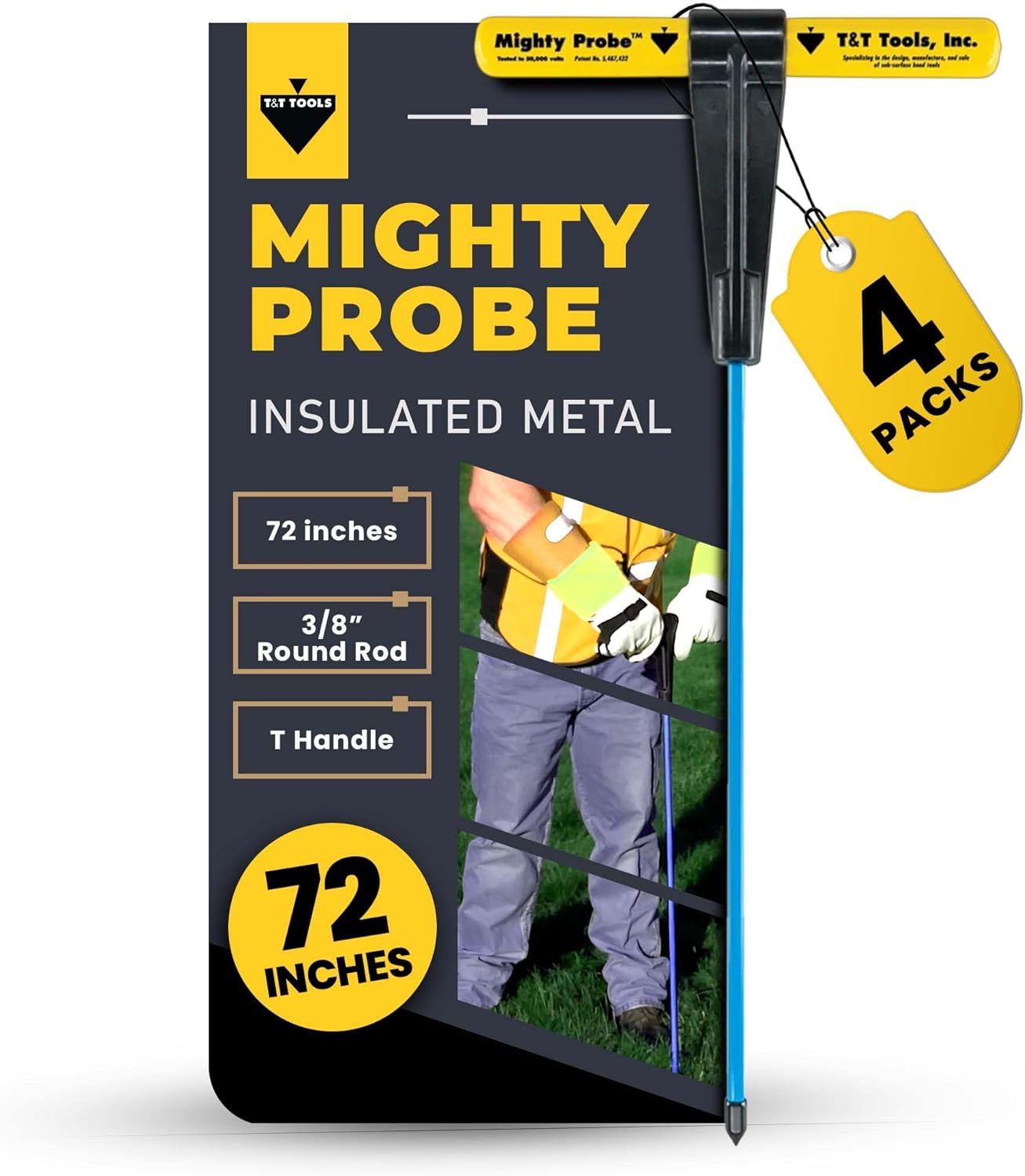 T&T Tools 72-Inch Mighty Probe Insulated Metal Soil Probe – 3/8" Metal Round Rod, Heavy Duty Design for Easy Penetration & Withdrawal, Soil Testing & Landscaping Tools, T-Handle, USA-Made-4 Pack
