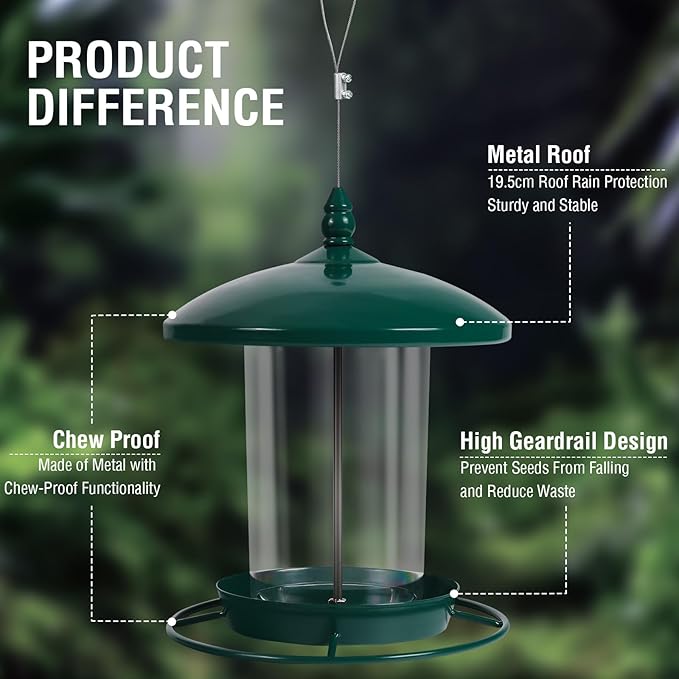 Metal Bird Feeder for Outdoors Hanging,3.0LB Seed Feeder,Easy to Fill & Clean,360° Feeding,Chew Proof Weatherproof Roof for Gardens and Wild Birds,Green