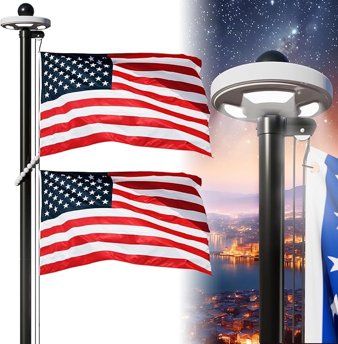 20FT Flag Pole with Solar Light 11 Gauge Aluminum Heavy Duty Flag Pole Kit 100MPH Wind Tested, Includes 2PCS 3x5 Embroidered Stars US Flag for Outdoor Use