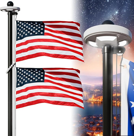 16FT Flag Pole with Solar Light Thick Aluminum Heavy Duty Flag Pole Kit 100MPH Wind Tested, Includes 2PCS 3x5 US Flag for Outdoor Use