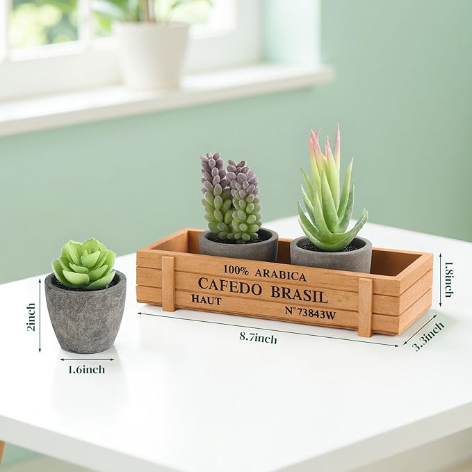 DomeStar 3PCS Small Fake Plants, Artificial Succulents Plants with Wooden Box for Home Bathroom Kitchen Office Farmhouse Decor Green