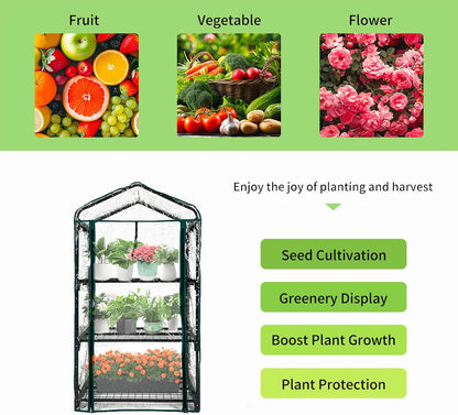 GreenGiggle 3 Tier Mini Indoor Outdoor Greenhouse,27"x19"x49" GreenHouses with Clear PVC Cover and Roll-Up Zipper Door,Plastic Green House for Indoors Grow Tent&Garden greenhouses for Outdoors