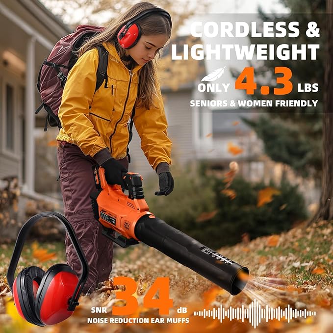 21V Leaf Blower Cordless, Electric Snow Blowers with 2X 4.0Ah Battery, Lightweight Blower with Turbo Button, Variable Speed Dial, and Cruise Control for Sidewalks, Garages, Yards & Patios