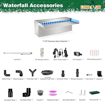 LONGRUN Waterfall Pool Fountain, Updated 5.9'' Wider Open Lip Stainless Steel Waterfall Spillway, Decorative Water Feature for Swimming Pools, Koi Ponds, Spa & Garden - 11.8''