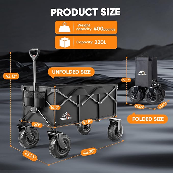 Beach Wagon with 10x3.5 Big Rubber Wheels for Sand, 400lbs Heavy Duty 220L Collapsible Utility Wagon, Easy Transport & Storage, Ideal for Sport, Camping, All-Terrain Outdoor Activities, Black