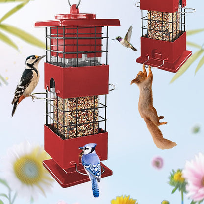 Squirrel Proof Bird Feeder for Outdoors Hanging, 3Lbs Metal Weight-Activated Birdfeeder with 4 Feeding Ports, Wild Birds Seed Feeder for Cardinal, Finch, Sparrow (Red)