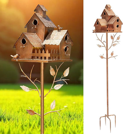75" Bird Houses Stake for Outside - Metal Copper Colored Multi Bird Houses with Pole for Outdoor Patio Yard Garden Decoration