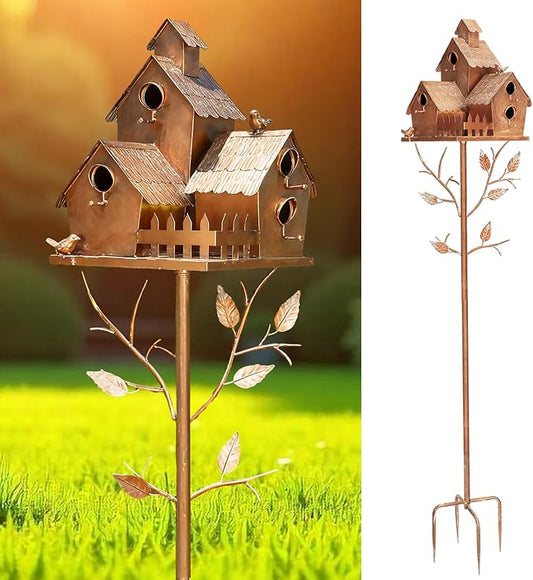 75" Bird Houses Stake for Outside - Metal Copper Colored Multi Bird Houses with Pole for Outdoor Patio Yard Garden Decoration