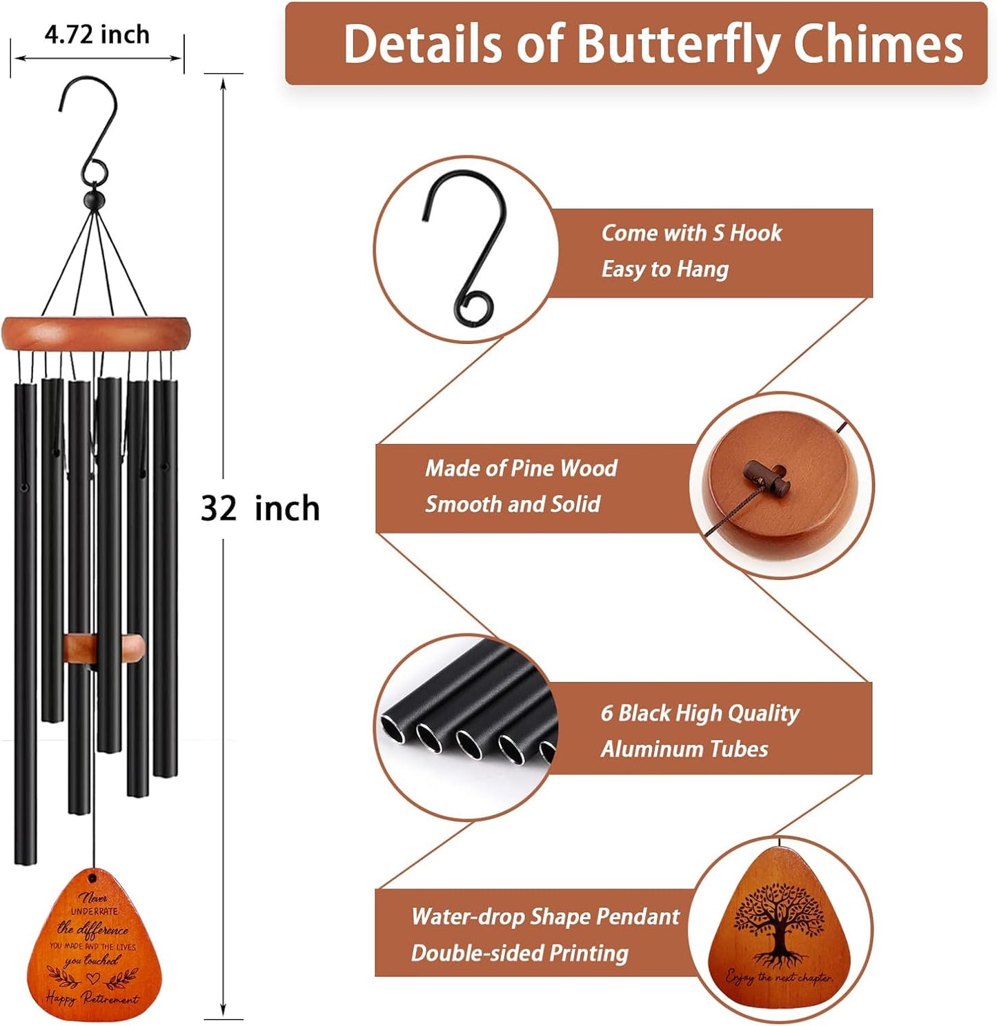 Retirement Gift for Women, 32" Wind Chimes Retirement Gifts, Happy Retirement Gifts for Teacher Nurses Coworker Colleague Boss Friends