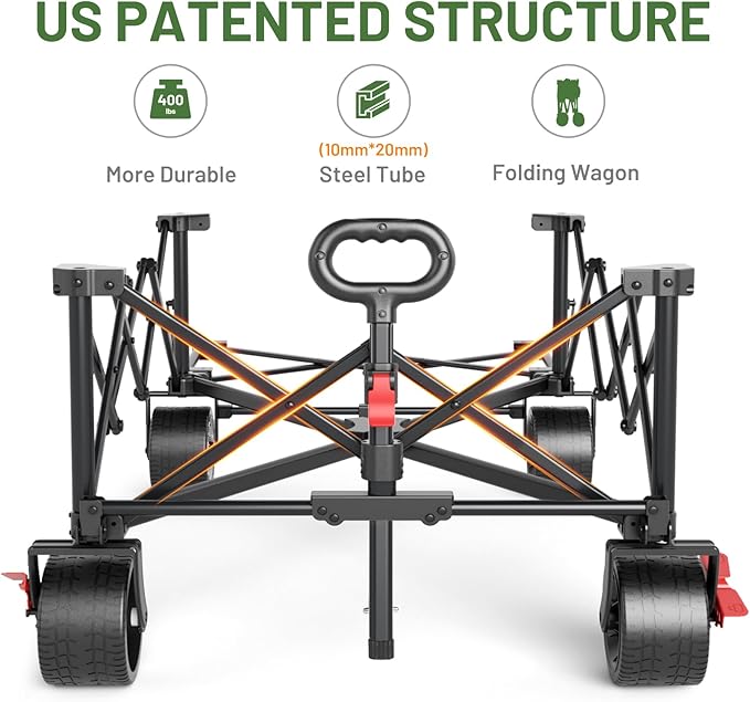 TIMBER RIDGE 600L Beast Wagon 26" W Extra Wide All Terrain Folding w/Big Wheels, Cargo Net & Tailgate, 26" W and 55.25" L, Capacity and 400lbs Heavy Duty Collapsible Portable Cart, Grey