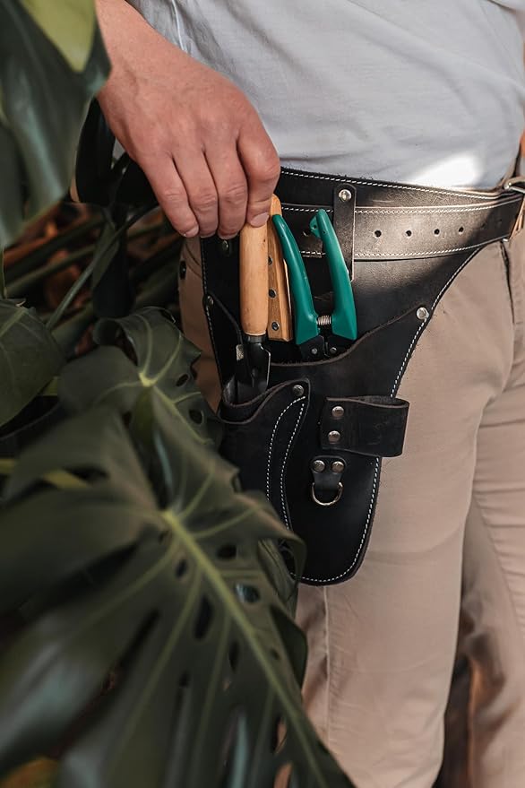 Garden Florist Tool Belt for Men | Leather Tool Belt for Women | Handmade Belt for Gardener, Electrician, and Carpenter | Leather Florist Belt (Brown CrazyHorse) (Black crazy-horse, one size)