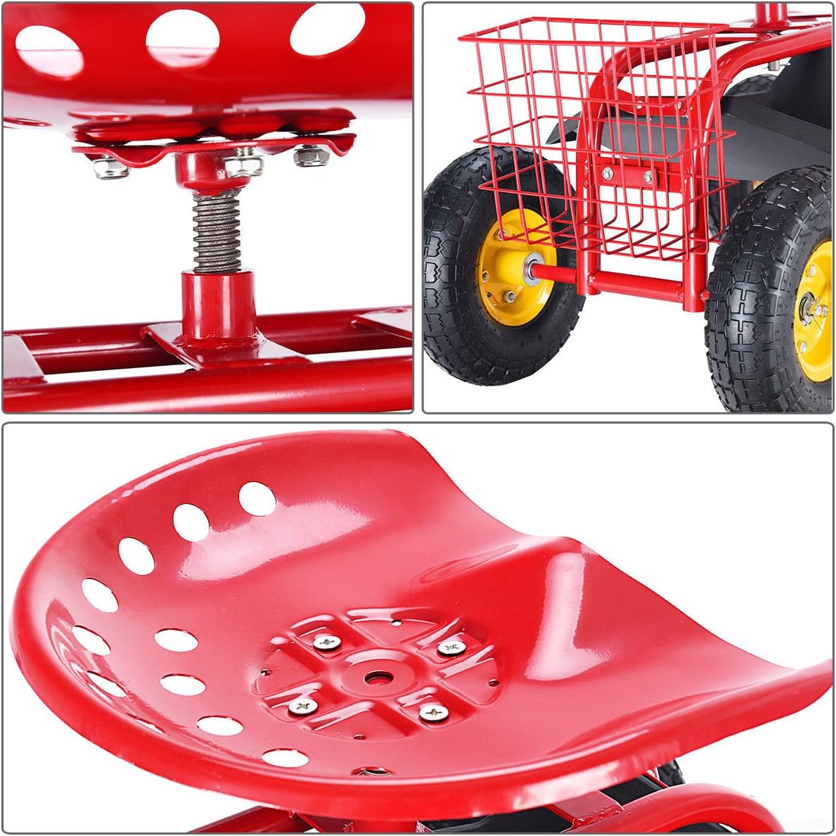 Giantex Rolling Garden Work Seat, 360 Swivel Gardening Workseat with Wheels, Tool Basket, Adjustable Height, Outdoor Scooter for Sitting, Gardening Stool Chair for Planting Trimming, Red