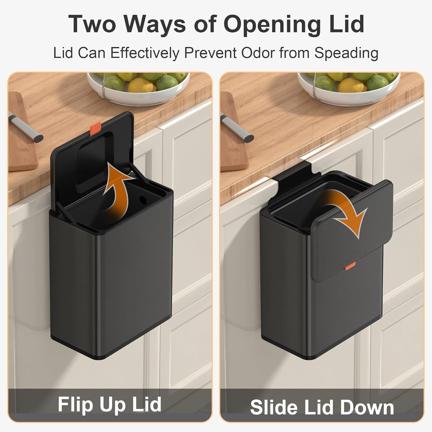 Mbillion Kitchen Compost Bin Hanging Trash Can with Lid 2.1 Gallon Stainless Steel Garbage Can for Kitchen Cabinet Door Mounted Trash Can Under Sink Door RV Bathroom,Brushed Black