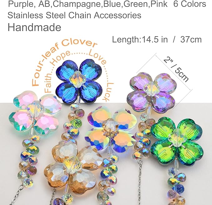6pcs Crystal Clover Suncatchers Hanging Ornaments, Rainbow Maker Sun Catchers Indoor Window Outdoor Patio Garden Decor Gifts (Clover)
