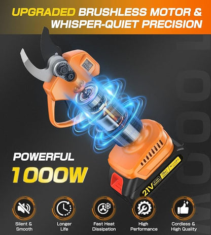 Electric Pruning Shears, Cordless Pruning Shears 1000W Brushless Power Shears 1.4'' Diameter Electric Pruner with LCD Display 2 * 2Ah Battery Pruning Shear Gift for Men Dad Husband Fathers Gardener