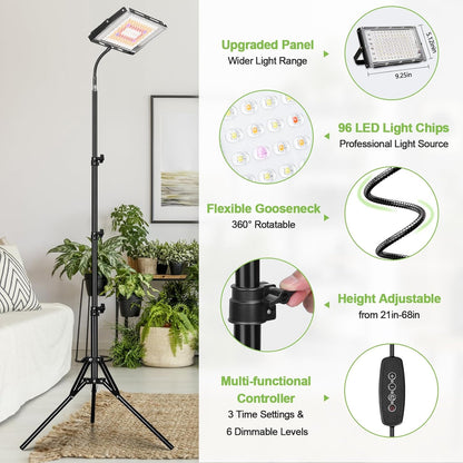 LBW Grow Lights for Indoor Plants, 96 LEDs Full Spectrum Standing Plant Grow Light with 4/8/12H Timer, 6 Dimmable Levels,68" Adjustable Tripod, Floor Grow Lamp for Tall Large Indoor Plants Growing