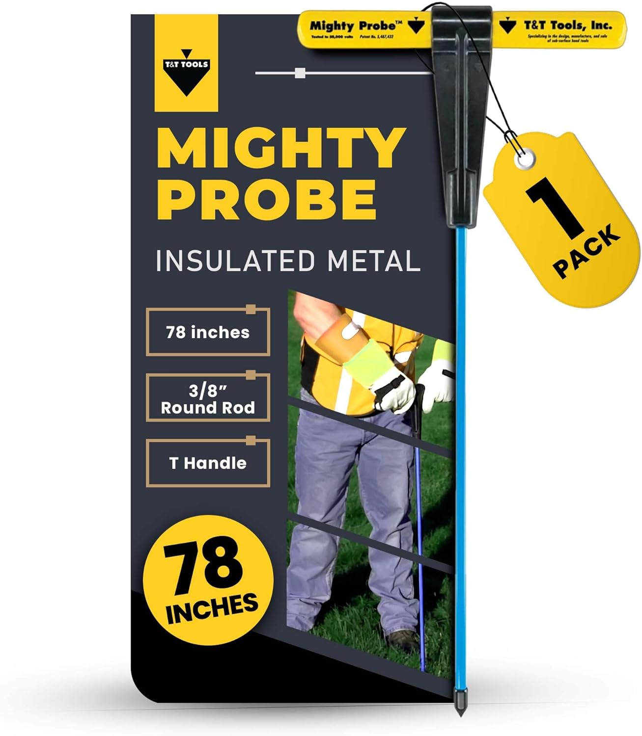 T&T Tools 78-Inch Mighty Probe Insulated Metal Soil Probe – 3/8" Metal Round Rod, Heavy Duty Design for Easy Penetration & Withdrawal, Soil Testing & Landscaping Tools, T-Handle, USA-Made-1 Pack