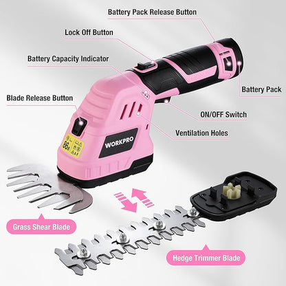 WORKPRO 12V Cordless Grass Shear & Shrubbery Trimmer - 2 in 1 Handheld Hedge Trimmer, Electric Bush Trimmer/Grass Cutter with 2.0Ah Rechargeable Lithium-Ion Battery &1 Hour Fast Charger, Pink Ribbon
