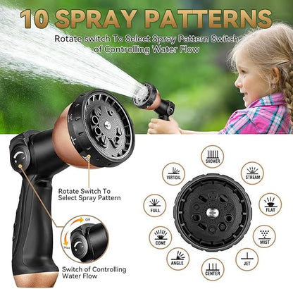 100 ft Expandable Garden Hose - Kink Free Flexible Water Hose with Thumb-Controlled 10-Function Nozzle, 3/4 Solid Brass Connectors, Retractable Latex Core - Lightweight Expanding Hose