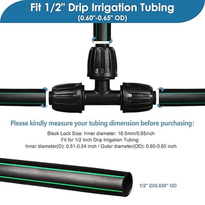 1/2 Inch Drip Irrigation Fittings Kit: 18 Pieces Drip Locked Nut Connectors for 1/2" Drip Irrigation Tubing (1/2" ID x0.6-0.65" OD) Couplings Tees Elbows Plugs Valves Reducing Tees