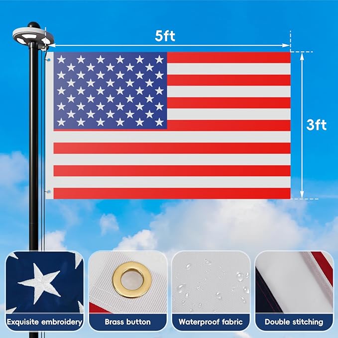 25FT Heavy Duty Flag Pole with Solar Light 11 Gauge Aluminum FlagPole Kit for Outside 100MPH Wind Tested, Includes 2PCS 3x5 Embroidered Stars US Flag for Outdoor Use