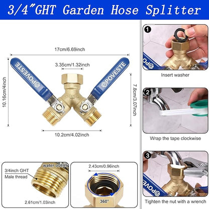 2 Way Brass Garden Hose Splitter Heavy Duty, Full Flow Y Valve Water Hose Splitter With Anti-Pinch Finger Long Raised Handle, 3/4" GHT Thread Water Tap for Gardening