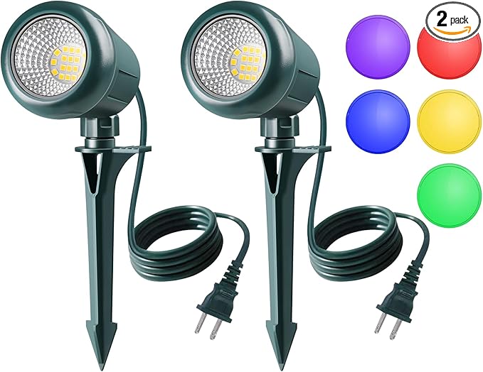 Halloween Spotlights Outdoor, 120V Plug-in Christmas Spot Light, 5000K LED Landscape Lighting with 5 Color Lenses (Red Green Blue Purple Yellow), IP67 Waterproof, 2 Pack