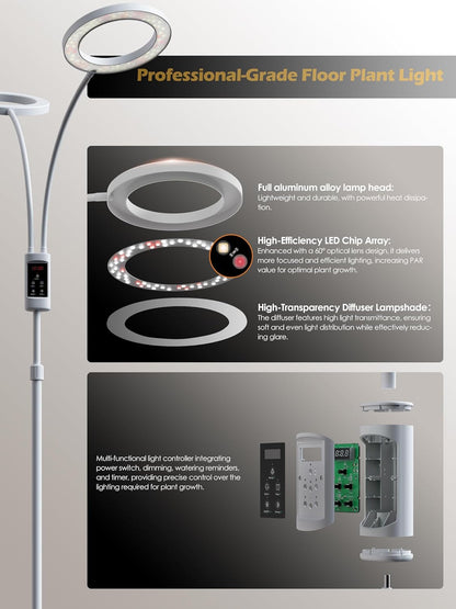 Smart Grow Lights for Indoor Plants,48W 2-Head Plant Light with Auto-Timer, Full Spectrum LED Grow Light, Adjustable Height & Stepless Dimming,Plant Assistant Suitable for Most Plants (White, 48W)